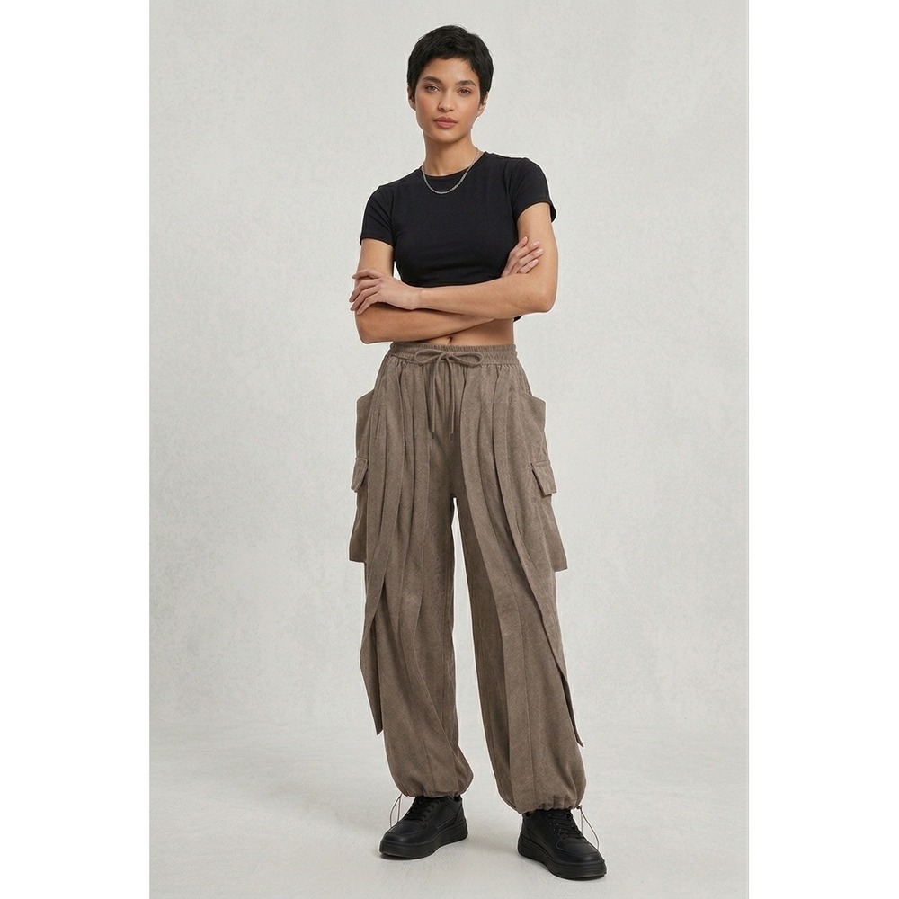 Micas L Brown Drawstring Layered Draped Wide Leg Barrel Pants Baggy Faux Suede